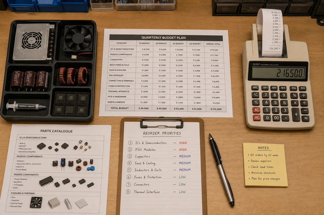 Top-down editorial photograph of a planning workspace with quarterly budget spreadsheet (Q1-Q4 columns visible), calculator with paper tape, printed parts catalogue.