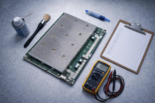 ASIC mining farm maintenance workstation with hashboard, cleaning tools, thermal paste, and a multimeter laid out for a quarterly inspection.
