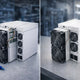 Antminer S19 XP on a repair workbench next to a newer Antminer S21, illustrating the 2026 decision between repairing and replacing ASIC mining hardware.