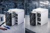 Antminer S19 XP on a repair workbench next to a newer Antminer S21, illustrating the 2026 decision between repairing and replacing ASIC mining hardware.