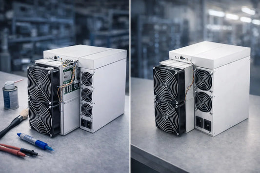 Antminer S19 XP on a repair workbench next to a newer Antminer S21, illustrating the 2026 decision between repairing and replacing ASIC mining hardware.