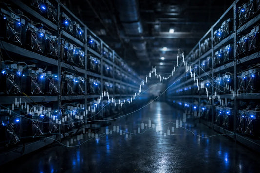 Bitcoin mining farm with Antminer ASIC units illustrating 2026 post-halving profitability pressure