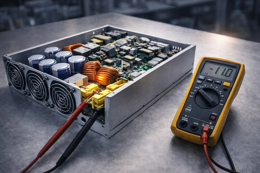 Antminer APW12 power supply unit opened on a workbench next to a digital multimeter, illustrating the PSU diagnosis procedure with DC output testing.