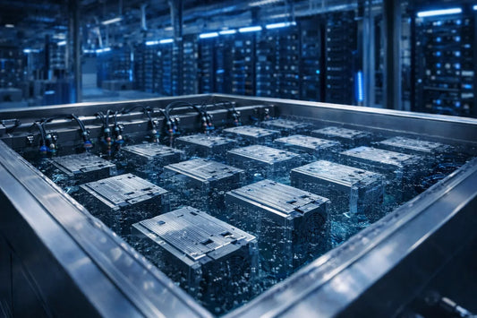 Bitcoin mining ASIC units submerged in dielectric fluid inside an immersion cooling tank at a modern mining facility