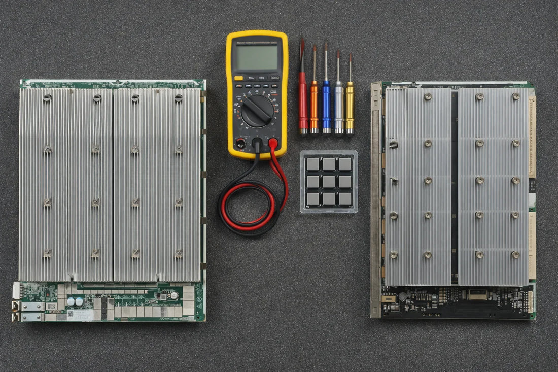 Side-by-side comparison of Antminer and Whatsminer hashboards mounted in test fixtures on a repair workshop bench.