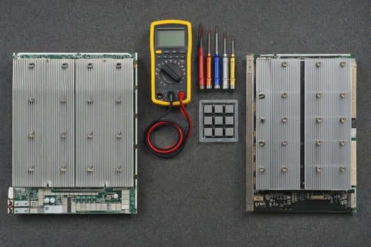 Side-by-side comparison of Antminer and Whatsminer hashboards mounted in test fixtures on a repair workshop bench.
