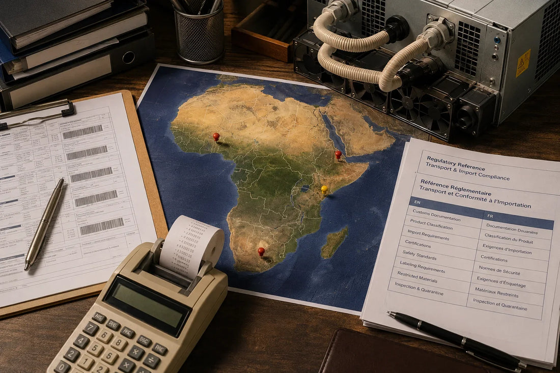 Shenzhen mining planning workspace with printed African continental map showing Ethiopia, Nigeria, South Africa and Kenya pin markers.