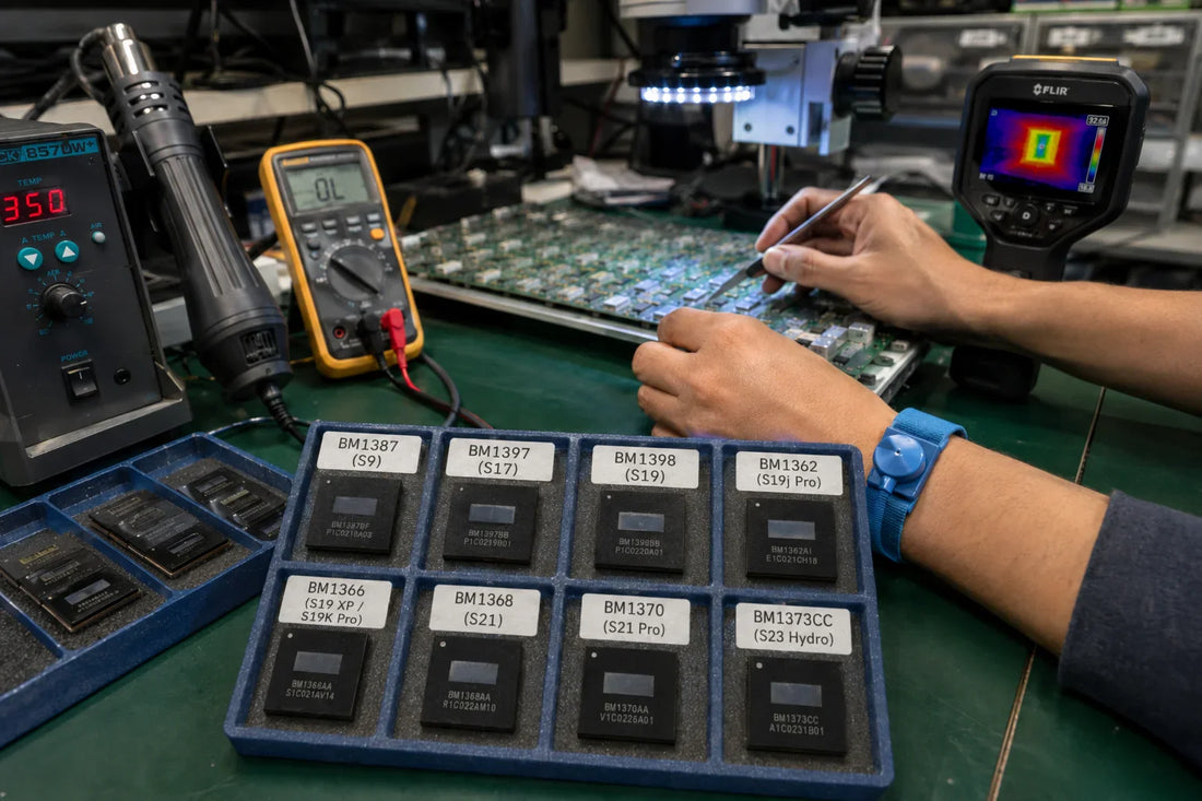 Antminer ASIC chip generation lineup from BM1387 (S9) to BM1373CC (S23 Hydro 3nm) on professional repair workbench