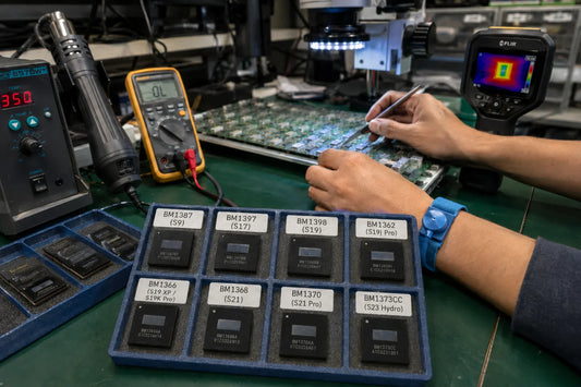 Antminer ASIC chip generation lineup from BM1387 (S9) to BM1373CC (S23 Hydro 3nm) on professional repair workbench