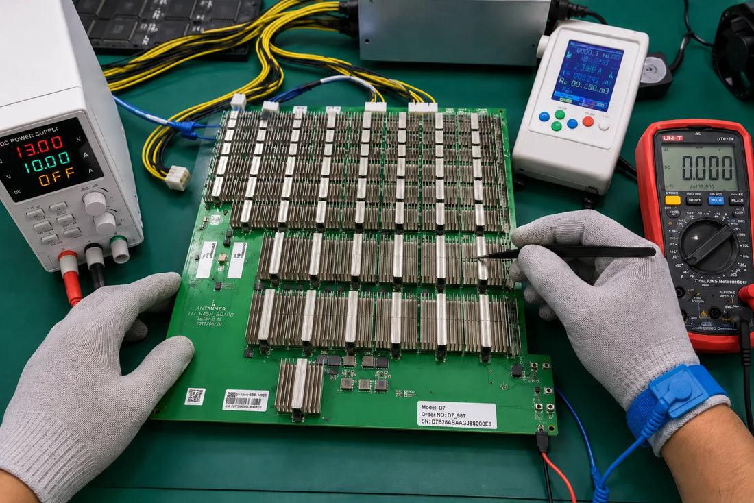 Antminer D7 hashboard BXD34601 with BM1764 X11 ASIC chips and SGM2036 LDO chain on professional repair workbench — repair guide