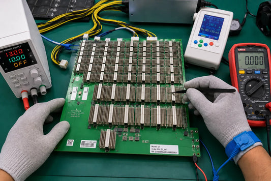 Antminer D7 hashboard BXD34601 with BM1764 X11 ASIC chips and SGM2036 LDO chain on professional repair workbench — repair guide
