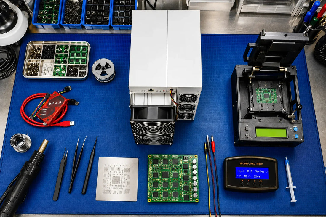 Bench layout of Antminer hashboard repair spare parts.
