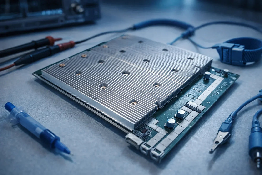 Antminer S19 Pro hashboard on a repair workbench with diagnostic tools and thermal gel