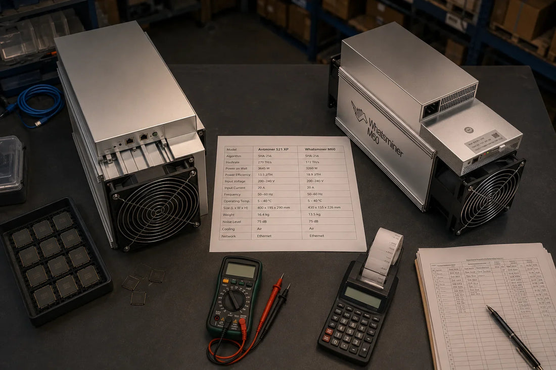 Editorial top-down workbench photograph with one Antminer S21 XP chassis and one Whatsminer M60 chassis side-by-side.