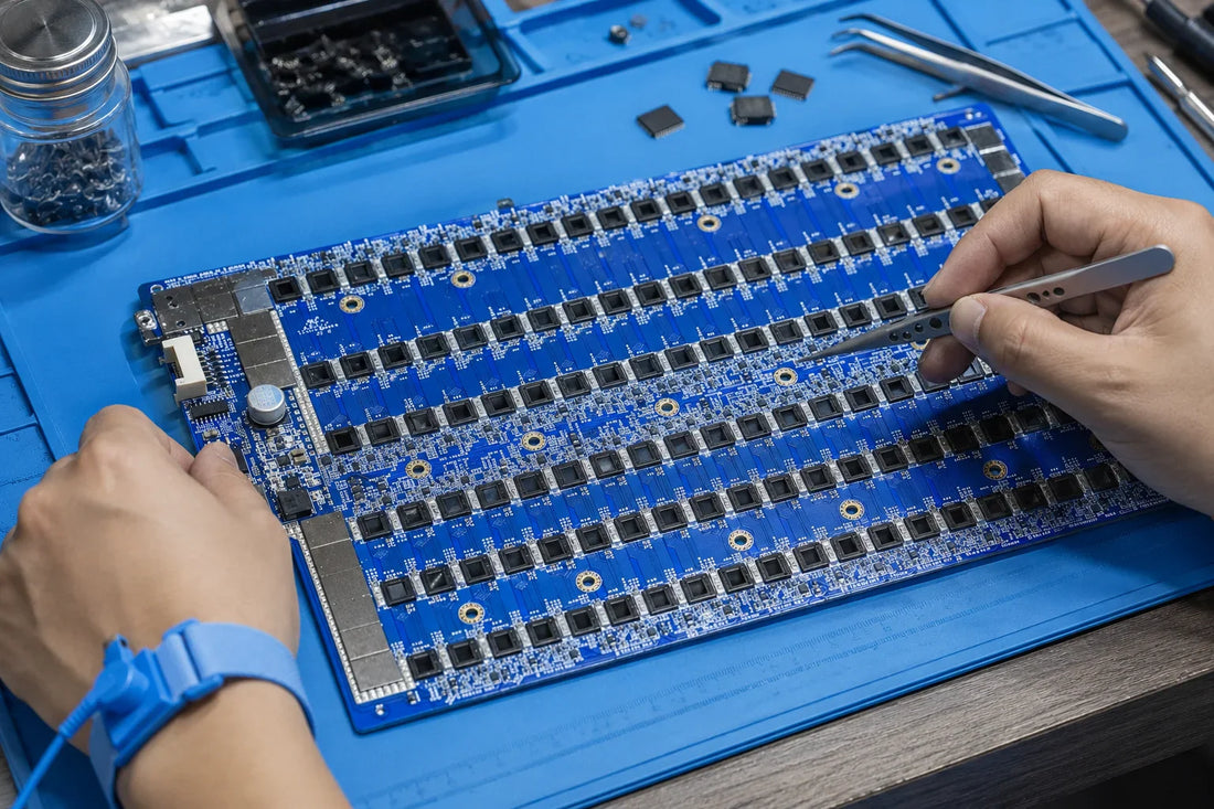 Avalon Canaan 1166 Pro hashboard with Canaan A3206 ASIC chips and modular 17.5V boost module on professional repair workbench — repair guide