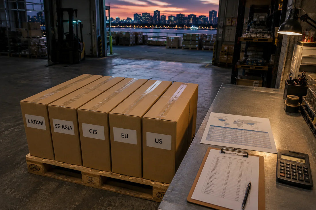 Editorial photograph of a Shenzhen warehouse loading bay with parts cartons labelled for Latam, SE Asia, CIS, EU and US destinations.