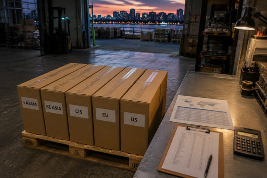 Editorial photograph of a Shenzhen warehouse loading bay with parts cartons labelled for Latam, SE Asia, CIS, EU and US destinations.