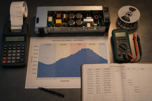 Top-down editorial photograph of an operations workspace with ERCOT-style grid load chart, calculator with paper tape, open Antminer PSU showing input filter capacitors.