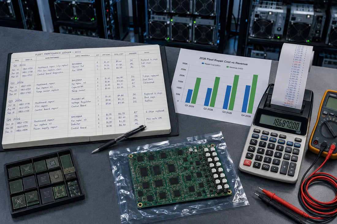 Top-down view of a Bitcoin mining ROI workspace in 2026 with calculator, fleet maintenance ledger, spare hashboard chips and miner runtime metric.