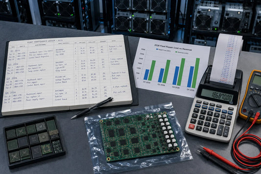 Top-down view of a Bitcoin mining ROI workspace in 2026 with calculator, fleet maintenance ledger, spare hashboard chips and miner runtime metric.