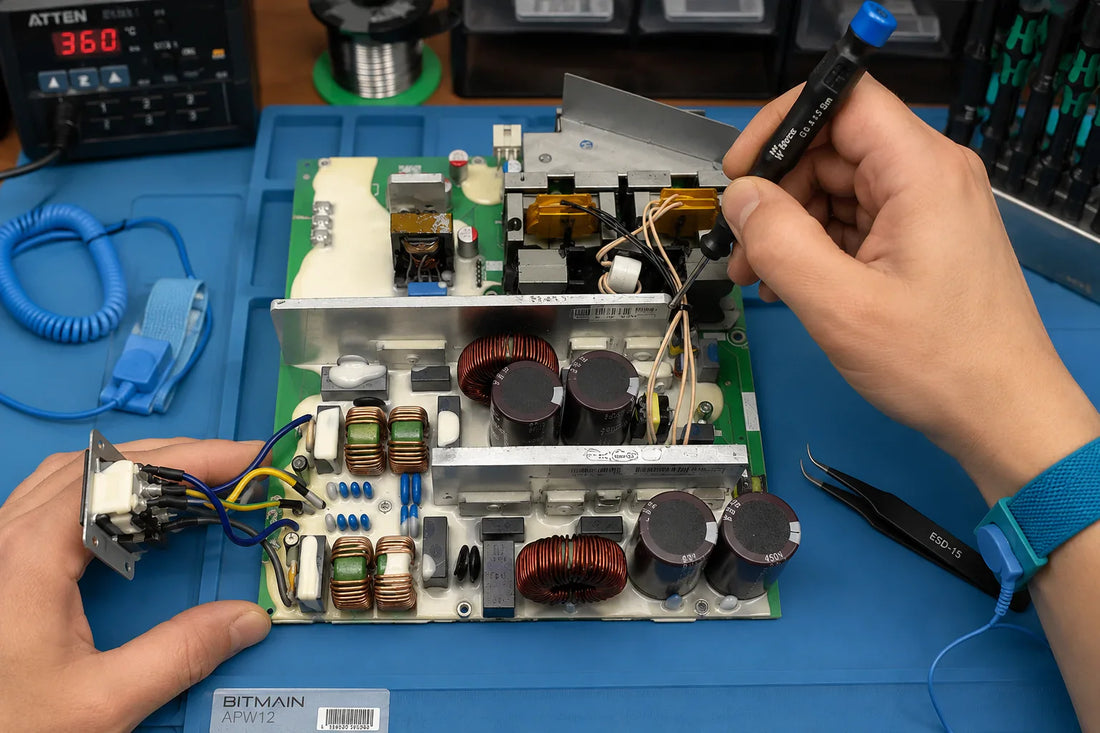 Bitmain APW12 PSU with quasi-resonant flyback architecture and M6 copper-bar bolts on repair workbench — repair guide