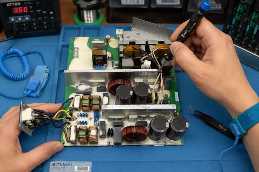 Bitmain APW12 PSU with quasi-resonant flyback architecture and M6 copper-bar bolts on repair workbench — repair guide