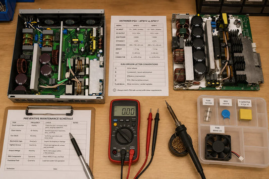Editorial top-down repair-bench photograph with one Bitmain APW12 and one APW17 PSU side-by-side, covers partially removed showing 4-stage internal architecture, printed sub-version reference sheet, multimeter and replacement EMI components tray.