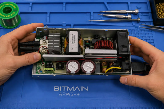 Bitmain APW3++ PSU with NCP1654 + CM6901X LLC architecture on professional repair workbench — repair guide