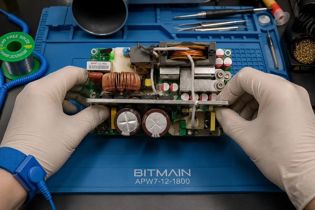 Bitmain APW7 PSU with PFC + LLC architecture and PCIE output cable on repair workbench — repair guide