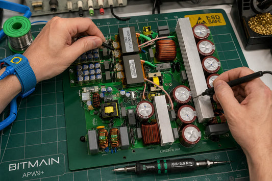 Bitmain APW9+ PSU with dual PFC stages and LLC architecture on repair workbench — repair guide