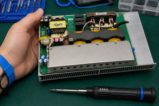 Open Bitmain APW11A1216-1a power supply chassis with TLP5772 optoisolator, TEA2095T controller and primary MOSFETs visible, plus diagnostic tools and replacement parts on repair bench — APW11 T21 components list