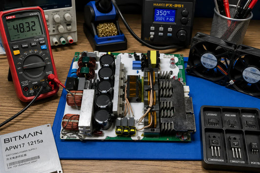Open Bitmain APW17 1215a power supply with board-level components labelled and replacement parts on workbench — APW17 1215a repair components list