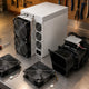 Antminer S21 chassis on a repair bench with silencer blower — ASIC cooling conversion in progress