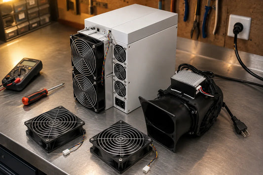 Antminer S21 chassis on a repair bench with silencer blower — ASIC cooling conversion in progress