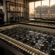 Industrial ASIC mining facility with immersion cooling tanks, coolant loop manifold and dry cooler radiators — farm operator's guide to noise control 2026
