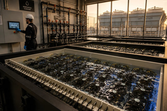 Industrial ASIC mining facility with immersion cooling tanks, coolant loop manifold and dry cooler radiators — farm operator's guide to noise control 2026
