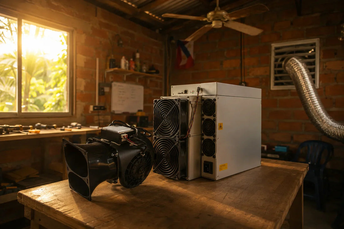 Antminer S21 with black mini silencer attached, Whatsminer M50 and Iceriver KS3 silencers in background on a home repair bench with noise meter at 50 dB — ASIC miner silencer buying guide LATAM SE Asia