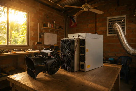 Antminer S21 with black mini silencer attached, Whatsminer M50 and Iceriver KS3 silencers in background on a home repair bench with noise meter at 50 dB — ASIC miner silencer buying guide LATAM SE Asia