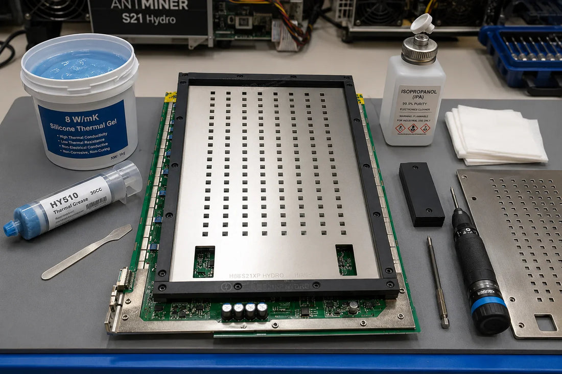 Antminer S21 Hydro hashboard on a repair bench with stainless-steel thermal grease stencil mounted on its positioning frame, 8 W/mK blue silicone gel pail and dispenser gun ready for application — S21 series thermal paste guide