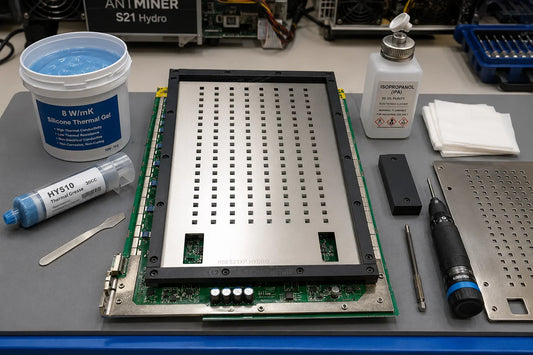 Antminer S21 Hydro hashboard on a repair bench with stainless-steel thermal grease stencil mounted on its positioning frame, 8 W/mK blue silicone gel pail and dispenser gun ready for application — S21 series thermal paste guide
