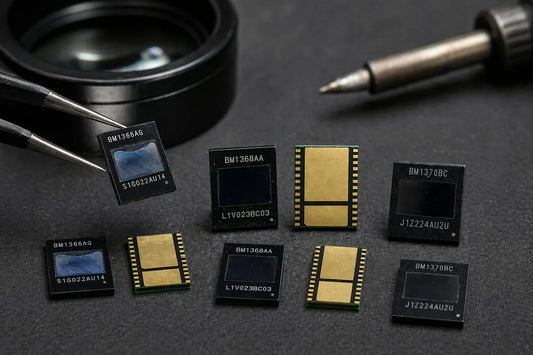 Bitmain ASIC chips arranged for comparison on repair bench — chip generations guide
