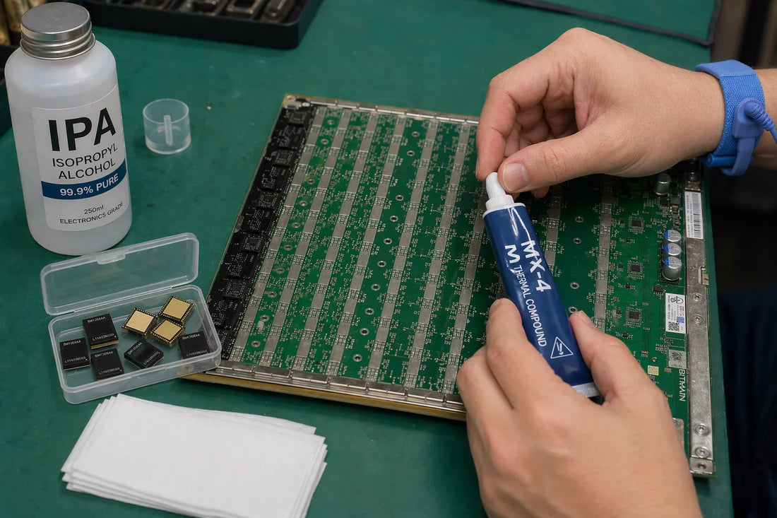 Technician applying thermal paste to ASIC hashboard with stencil tool — re-paste guide