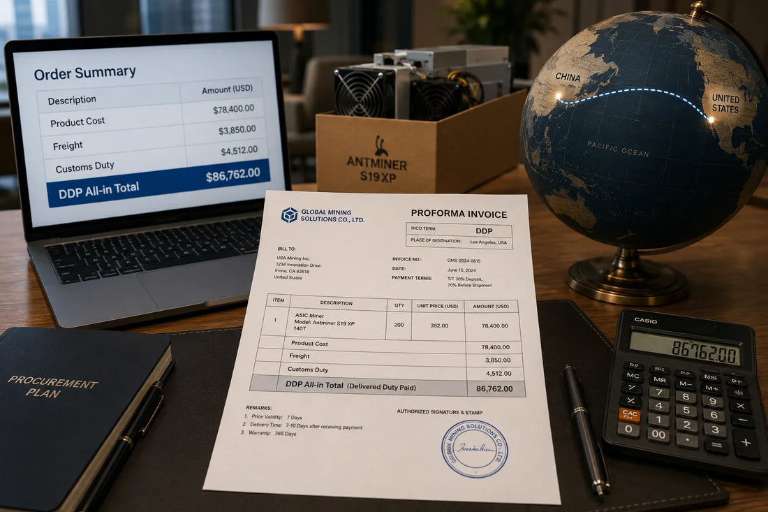 Procurement desk with proforma invoice showing DDP Incoterm, laptop with order summary, globe showing China-to-US shipping route — Incoterms decision guide for mining parts from China