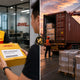 Split-frame showing DHL air express parcel delivery on left and shipping container being loaded at Shenzhen port on right — air vs sea freight decision guide for mining parts