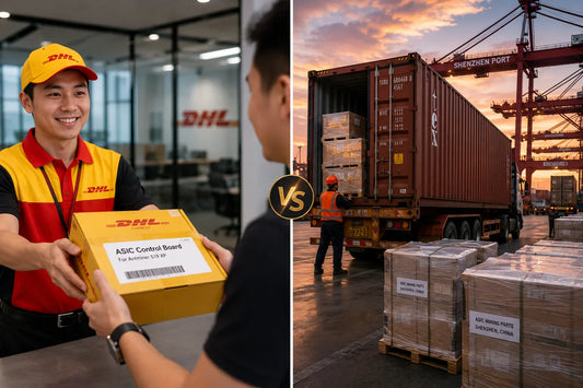 Split-frame showing DHL air express parcel delivery on left and shipping container being loaded at Shenzhen port on right — air vs sea freight decision guide for mining parts