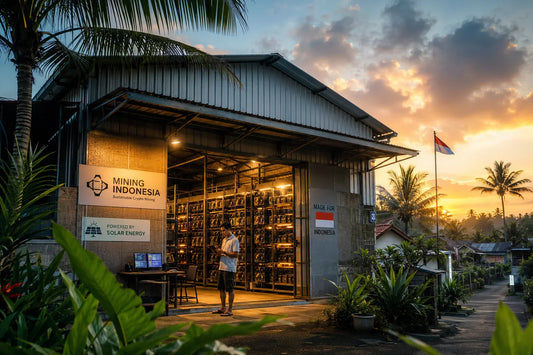 Indonesian Bitcoin mining facility at sunset with Antminer and Whatsminer units fitted with industrial silver silencers, palm trees in foreground — SE Asia mining frontier guide