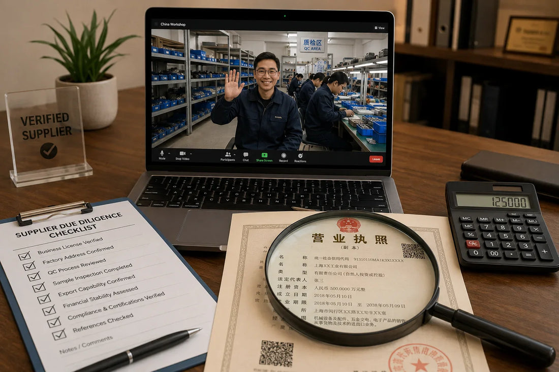 Procurement desk with video call to Chinese workshop visible on laptop, due-diligence checklist and business registration document — verifying a Chinese mining parts supplier guide