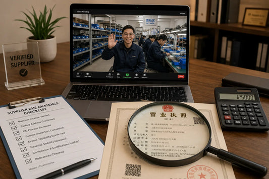 Procurement desk with video call to Chinese workshop visible on laptop, due-diligence checklist and business registration document — verifying a Chinese mining parts supplier guide