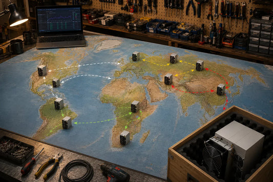 World map on a workshop bench with mining-rig icons placed at major hashrate destinations, dashed migration arrows showing fleet relocation paths.