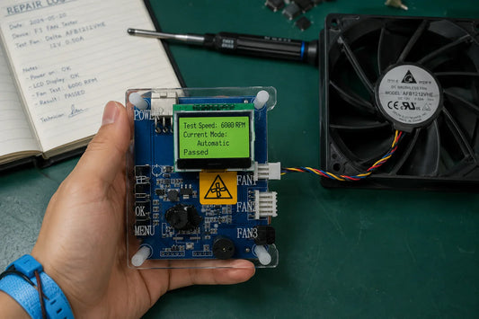 F1 ASIC Miner Fan Speed Tester (ZTW4101A) with Antminer + Whatsminer + Avalon fans on professional repair workbench — user manual & diagnostic guide